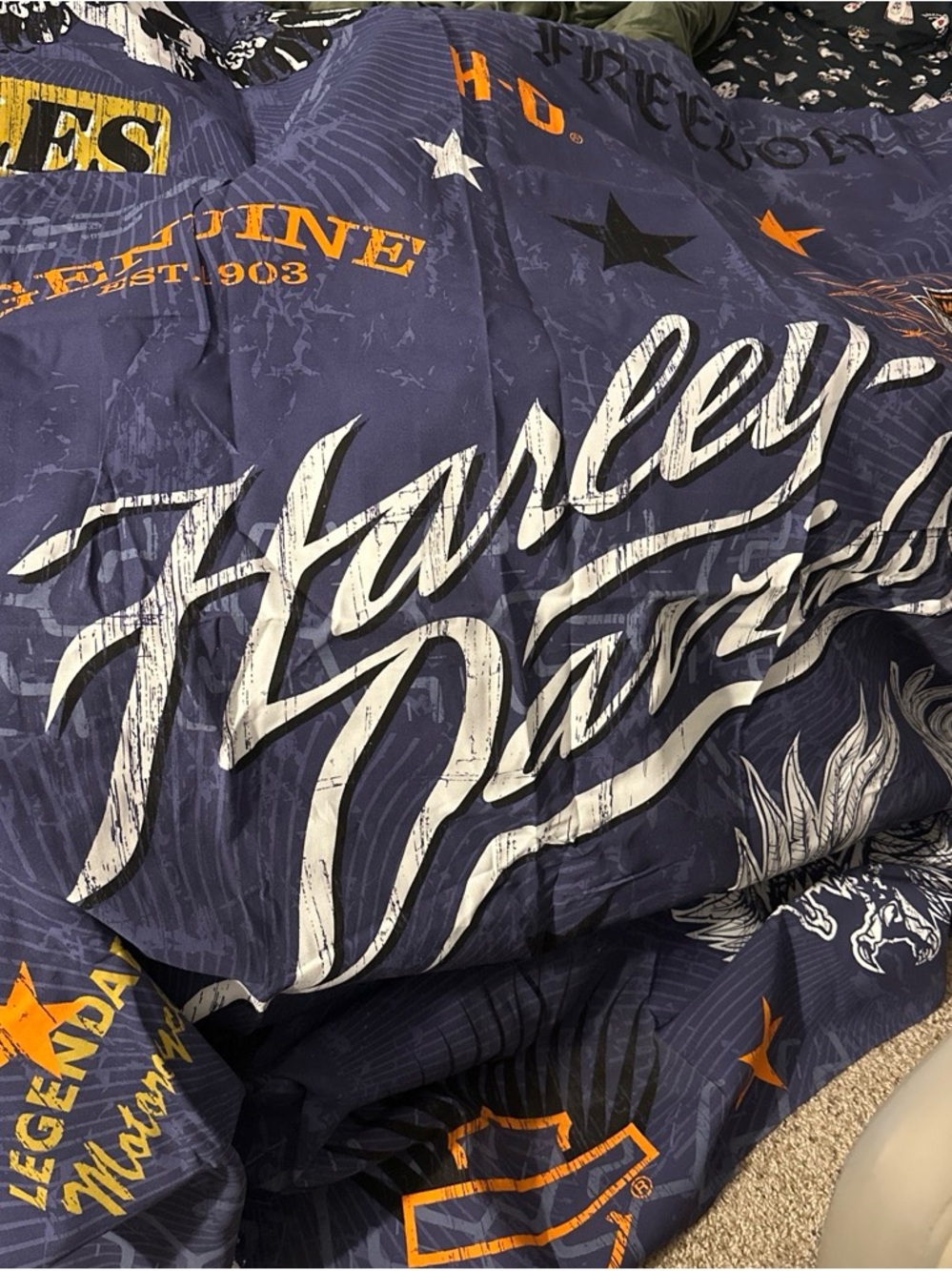 Navy blue Harley Davidson shower curtain